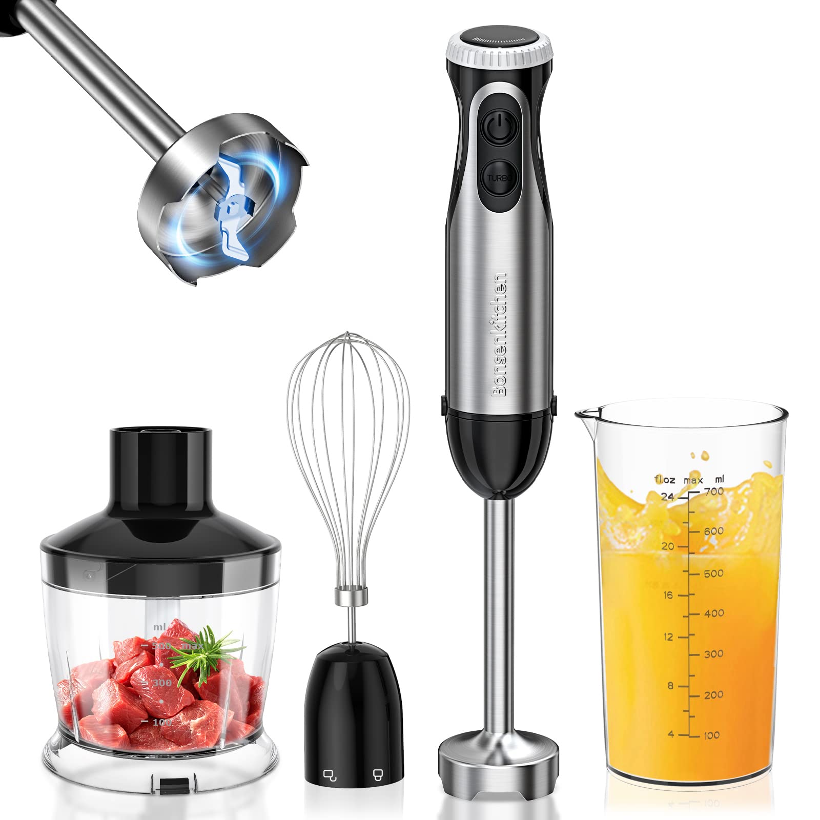 Bonsenkitchen Mixeur Plongeant, 4-En-1 Mixeur Plongeur Multifonction 1000W, 20 Vitesse Réglable, Avec Fouet, Hachoir De 500Ml Et Verre Doseur 700 Ml, Robot De Cuisine (Hb3203)