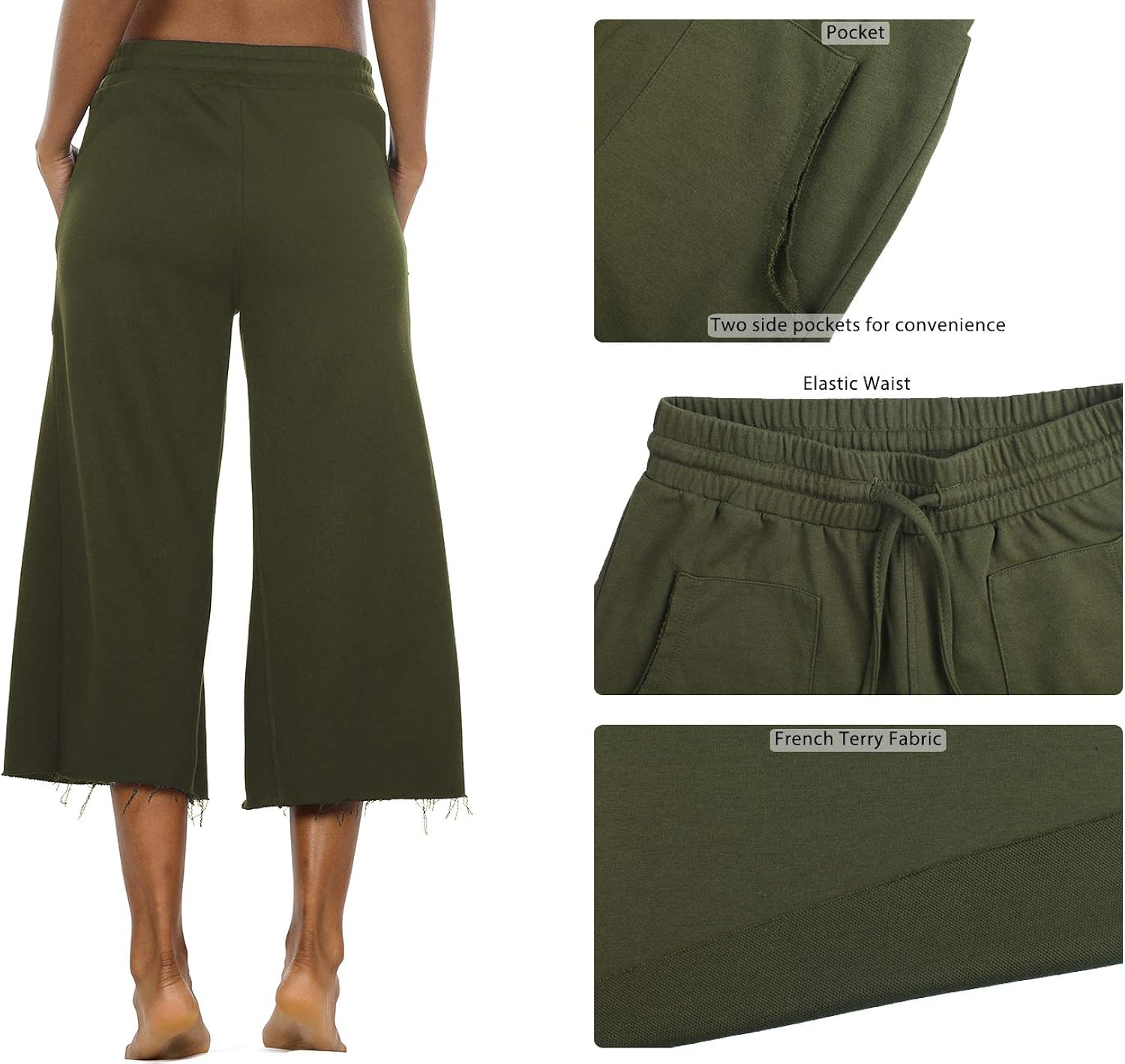 icyzone Culottes Capri Pants for Women - Elastic Waist Wide Leg Joggers Casual Lounge Cotton Sweatpants with Pockets: Clothing