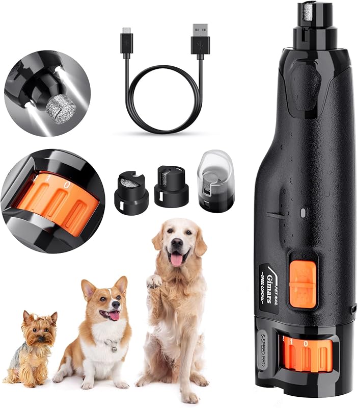 Affilaunghie per Cani, Regolabile, 6 velocità, 12000 Giri/min, 45 Db, Doppia Luce LED, Ricaricabile Tramite USB, 3 Porte, Lima per Unghie per Cani di Taglia Grande, Media e Piccola