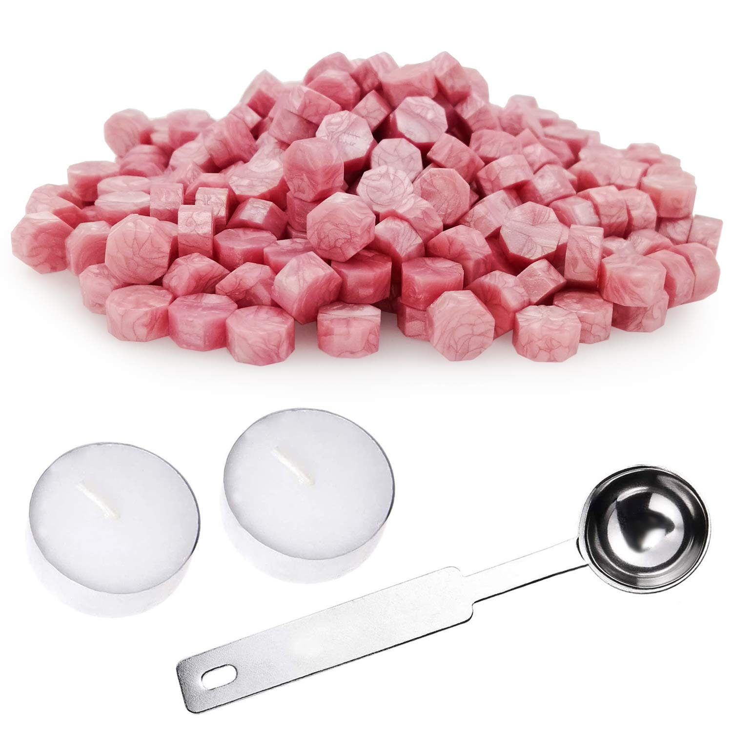 Sealing Wax Beads Set 310 Pieces Octagon Wax Seal Beads with 1PC Melting Spoon and 2Pcs Tea Candles for Wax Seal Stamp - Pink