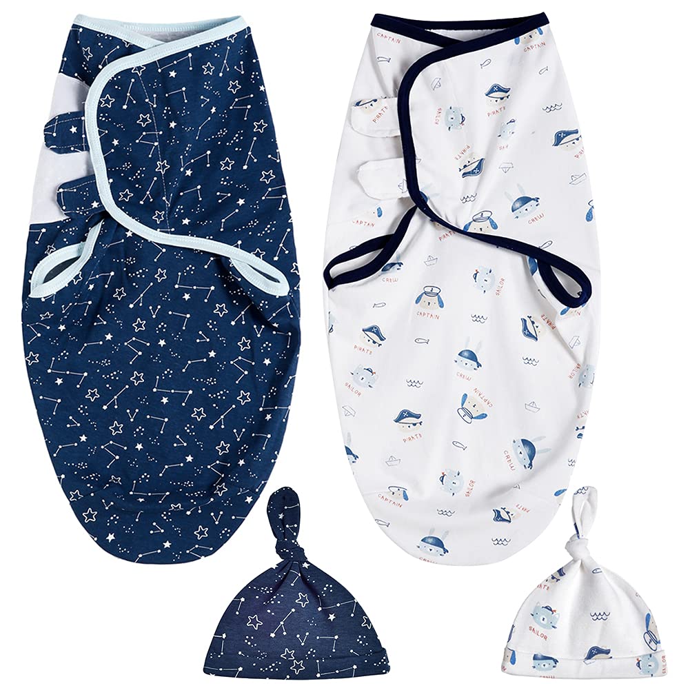 HINATAA 2 Pack Baby Swaddle Wrap Newborn Babies Swaddling Sack, 0-3 Months 100% Soft Breathable Cotton Swaddles Unisex (Pirate Ship)