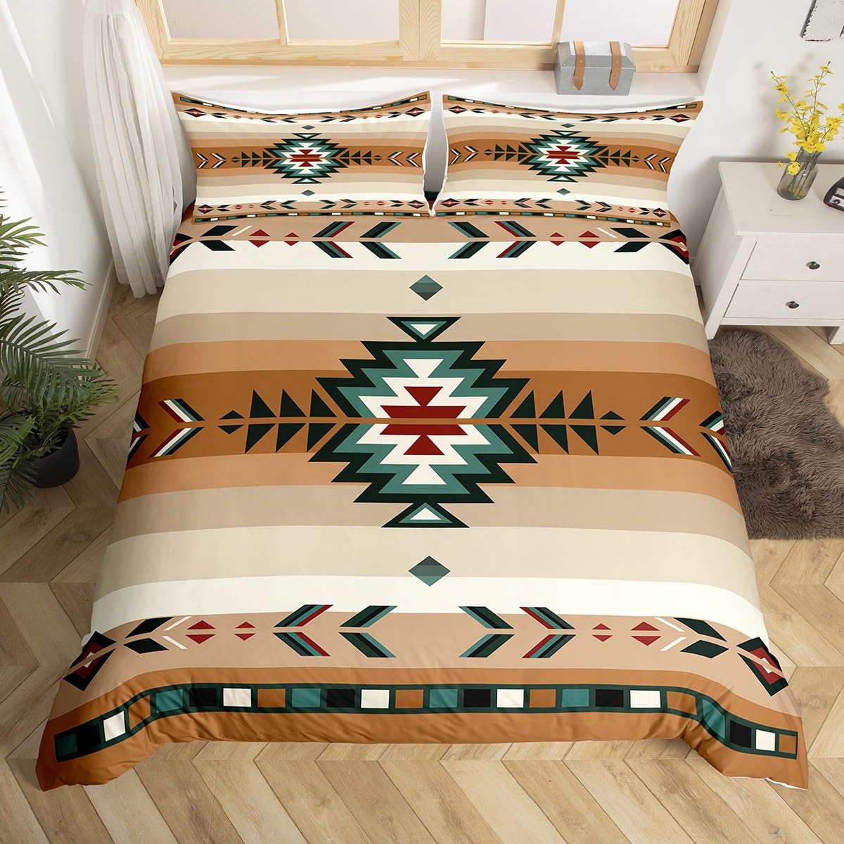 Southwest Native Design Duvet Cover Southwestern Geometric Bedding Set For Kids Ultra Soft Tribal Comforter Cover Beige Bedspread Cover Decor Bedclothes Zipper Double