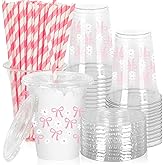 JarThenaAMCS 50 Pcs Pink Bow Plastic Cups with Lids and Straws 12 oz Pink Bow Daisy Clear Plastic Cups Disposable Cups for Mother's Day Birthday Wedding Party Supplies