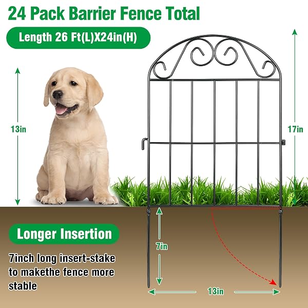 ADAVIN 24 PANELS COLLAPSIBLE GARDEN FENCE ANIMAL BARRIER,24 FT(L) X 24 IN(H) BLACK RUSTPROOF METAL WIRE PANEL BORDER FOR DOGS RABBITS, FLOWER EDGING FOR LANDSCAPE PATIO YARD OUTDOOR DECOR, ARCHED