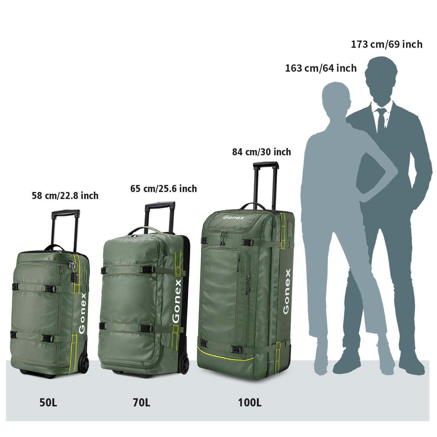 Gonex Rolling Duffle Bag with Wheels, 70L Water Repellent Wheeled Travel Duffel Luggage with Rollers 26 inch, Olive Green