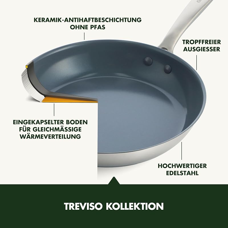 Treviso Edelstahl Gesunde Antihaftbeschichtung aus Keramik Non-Stick 24cm & 28cm Bratpfannenset, PFAS-frei, Induktion, Backofen geeignet, Spülmaschinenfest, Silber — Foto 4 von 8