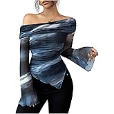 SHENHE Women's Off Shoulder Tie Dye T Shirt Ruched Long Sleeve Asymmetrical Going Out Top