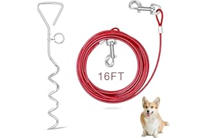 Relux Dog Tie Out Cable and Stake, 16FT Outdoor Dog Stake for Yard Training, Running, Hiking,Camping, 16 Inch Heavy Duty Dog Anchor Spiral Stake for Small to Medium Dogs(Red)