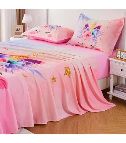 Linen Plus Kinder-Bettwäsche-Set – Einhorn, Vogel, Stern Design In Lila, Pink, Gelb