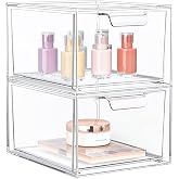 2 Pack Stackable Acrylic Makeup Organizer, Clear Storage Drawers | Clear Plastic Drawer Organizers with Handles for Vanity, Bathroom, Bedroom, Cosmetics, Jewelry and Home Storage