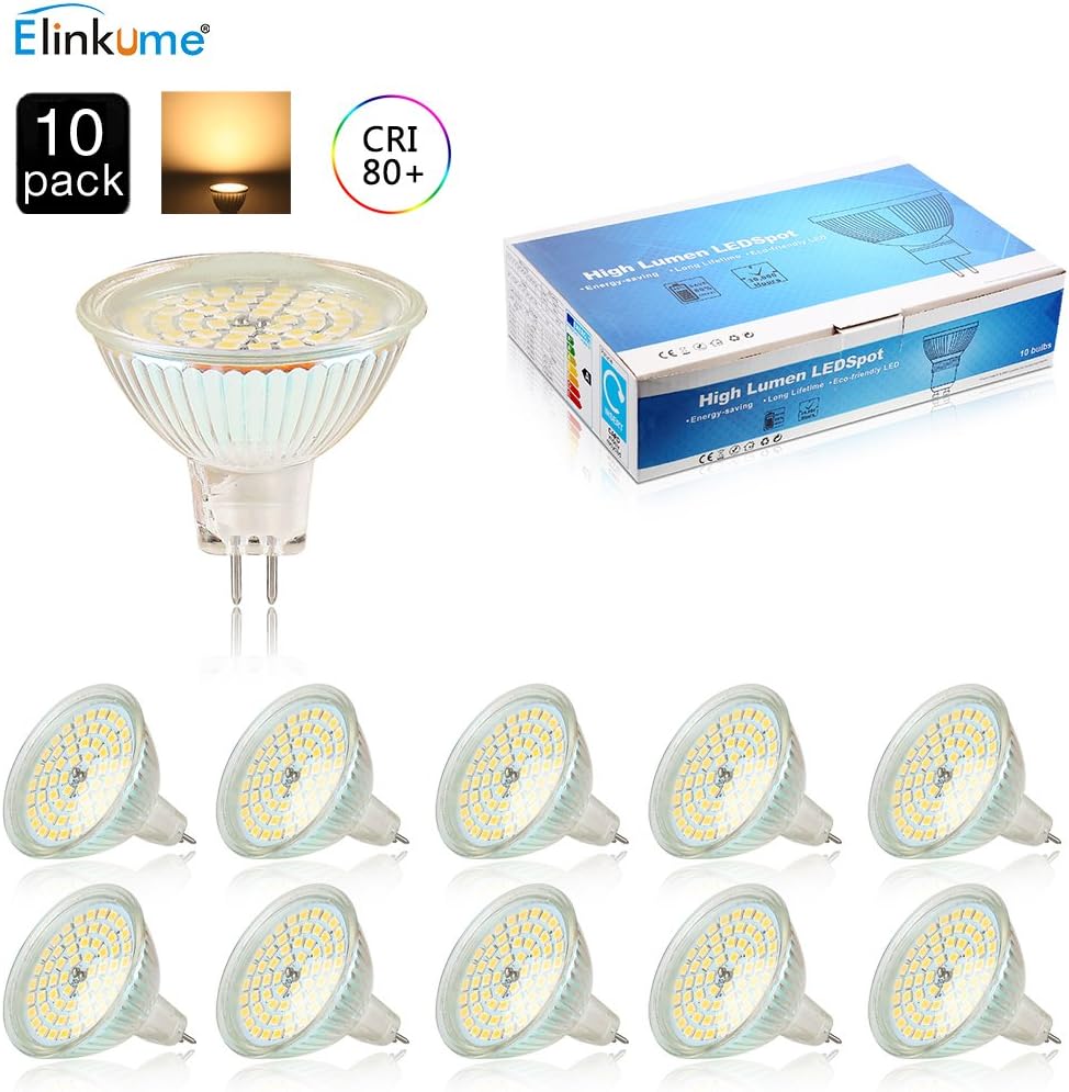 ELINKUME MR16-LED Bulbs Warm-White 3000K - 120 Degree Beam Angle,12V Spotlight Bulbs,3W,300LM (10 Pack)
