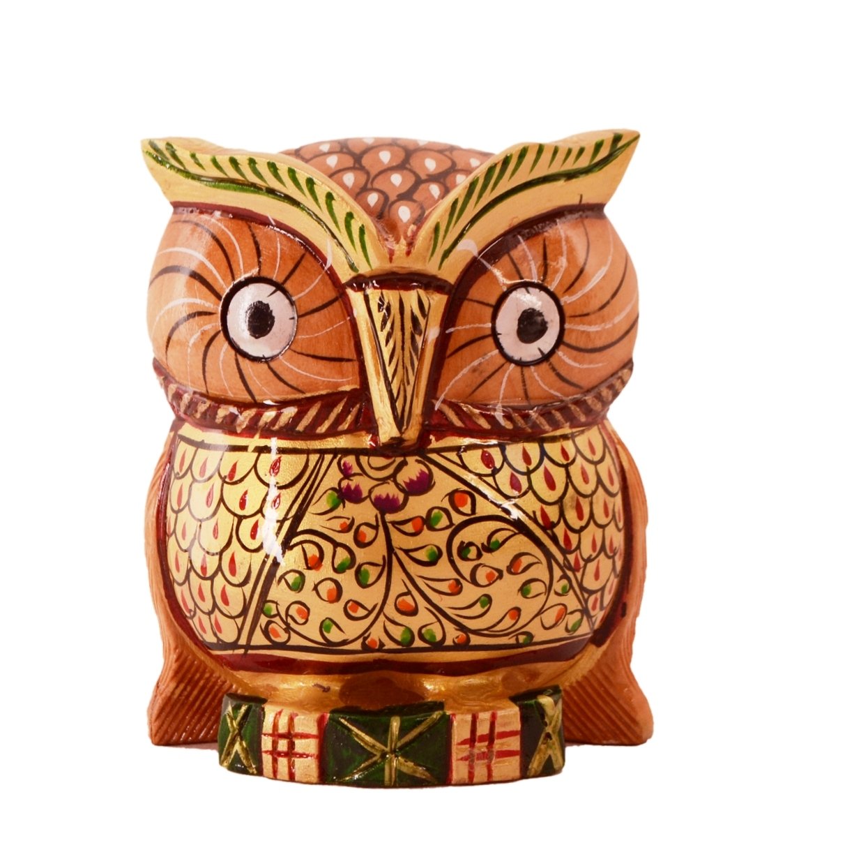 Purpledip Wooden Owl With Fine Gold Painting; Miniature Idol Gift Vaastu Feng Shui Good Luck Charm (11254)