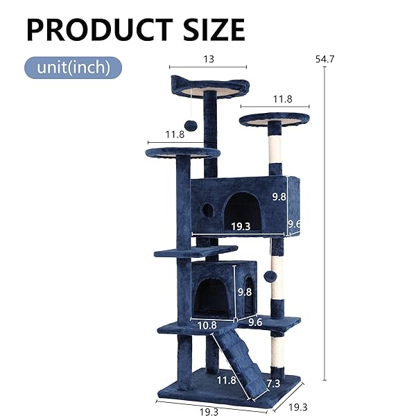 FDW | 54″ CAT TREE TOWER | DARK BLUE | MULTI-LEVEL INDOOR ACTIVITY CENTER WITH SISAL SCRATCHING POSTS, CONDOS, PLUSH PERCHES, HANGING CAT TOYS | STURDY, EASY TO ASSEMBLE | FOR KITTENS & ADULT CATS