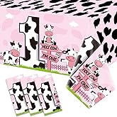 3Pack Holy Cow Im One Birthday Table Cloth Decorations for Baby Girl, Pink Cow First Birthday Table Cover Party Supplies, Cow Theme Baby 1st Birthday Plastic Rectangular Tablecloth Decorations