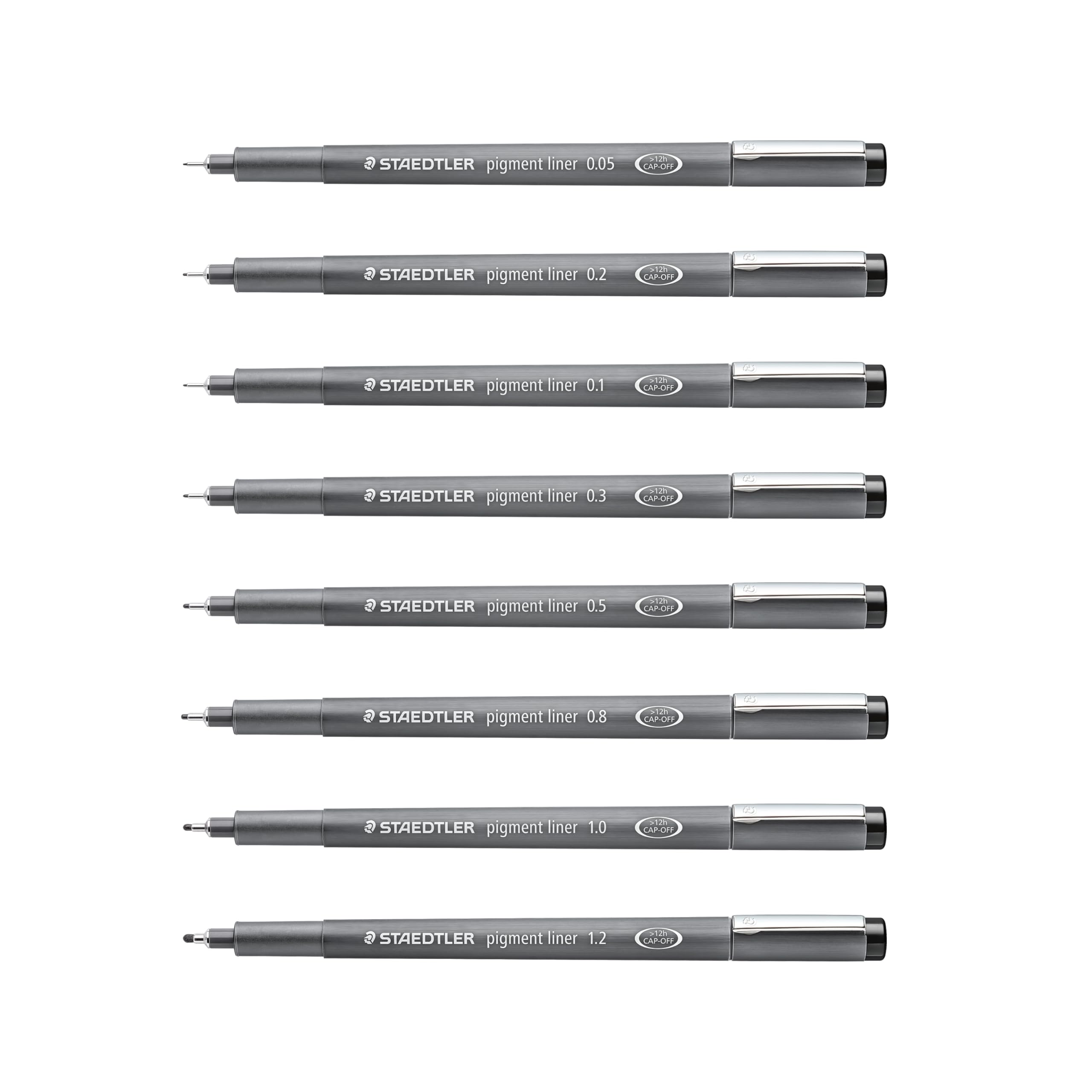 STAEDTLER Pigment Liner Pack, Black, 8 Pens, Assorted Line Widths, 0.05mm, 0.1mm, 0.2mm, 0.3mm, 0.5mm, 0.8mm, 1.0mm, 1.2mm