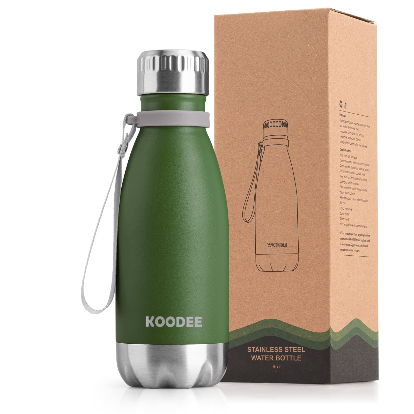 Photo 1 of koodee Water Bottle for School-9 oz Stainless Steel Double Wall Vacuum Insulated Water Bottle for Back to School, Cola Shape Leak Proof Sports Flask (Grass Green)
