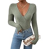 SweatyRocks Women's Long Sleeve Bodysuit Tops Wrap V Neck Ribbed Knit Jumpsuit