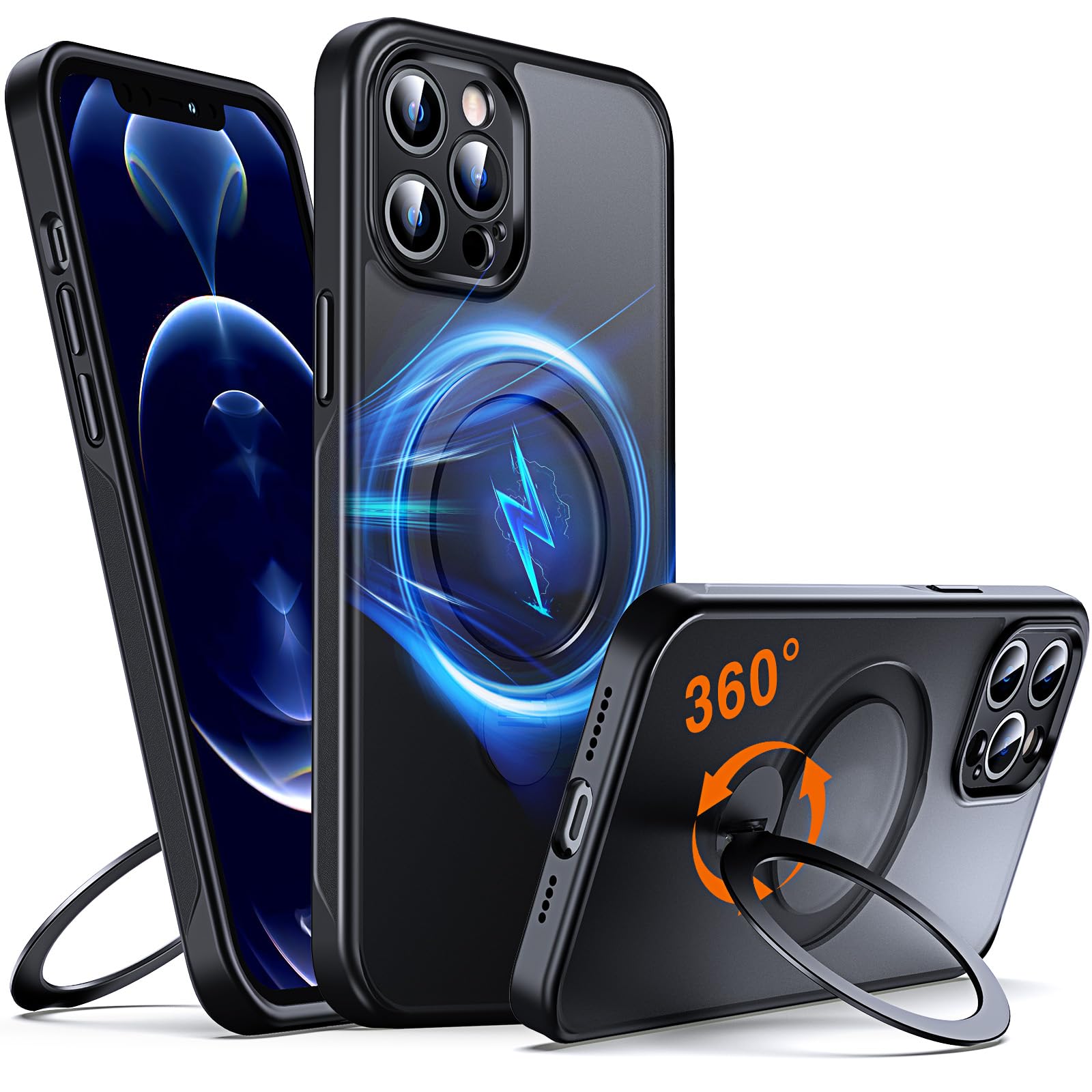 Photo 1 of Chicfun 360° O-Ring MagStander for iPhone 12 Pro Max Case with Magnetic Kickstand Ring Holder [Compatible with MagSafe][360°Rotate Stand][Military Shockproof] iPhone 12 Pro Max Phone Cover Black