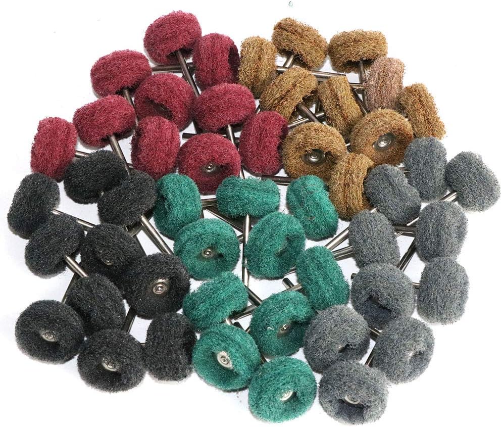 FPPO 50PCS Abrasive Buffing Polishing Wheel Set For Dremel Rotary Tool,Mini scouring pad Brush Polishing kit, removal of rust,Deburring on metal surface,with 3mm Mandrel