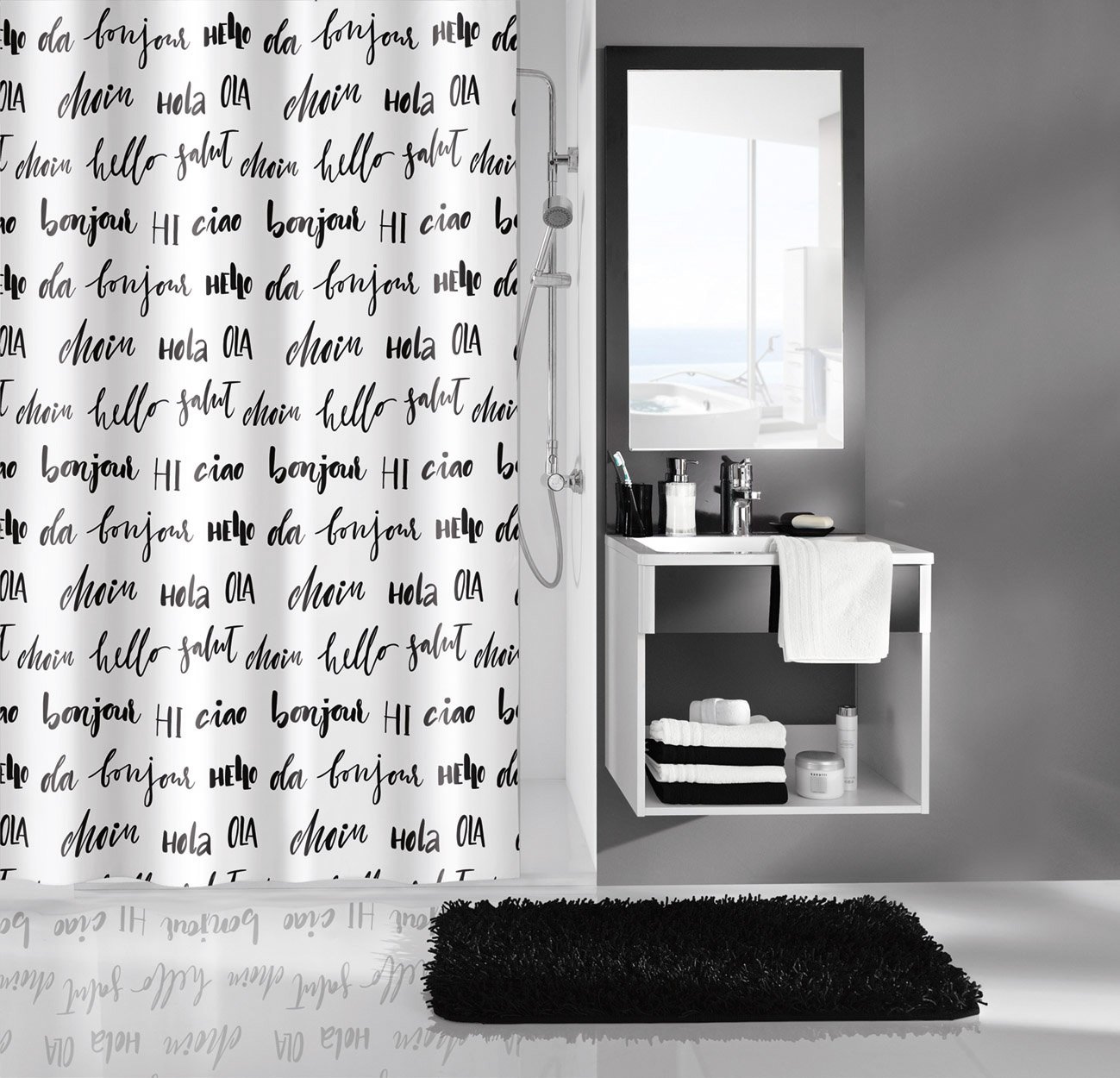 Kleine Wolke "Hello Shower Curtain, 100% PEVA, Black White, 200 x 180 x 0.02 cm