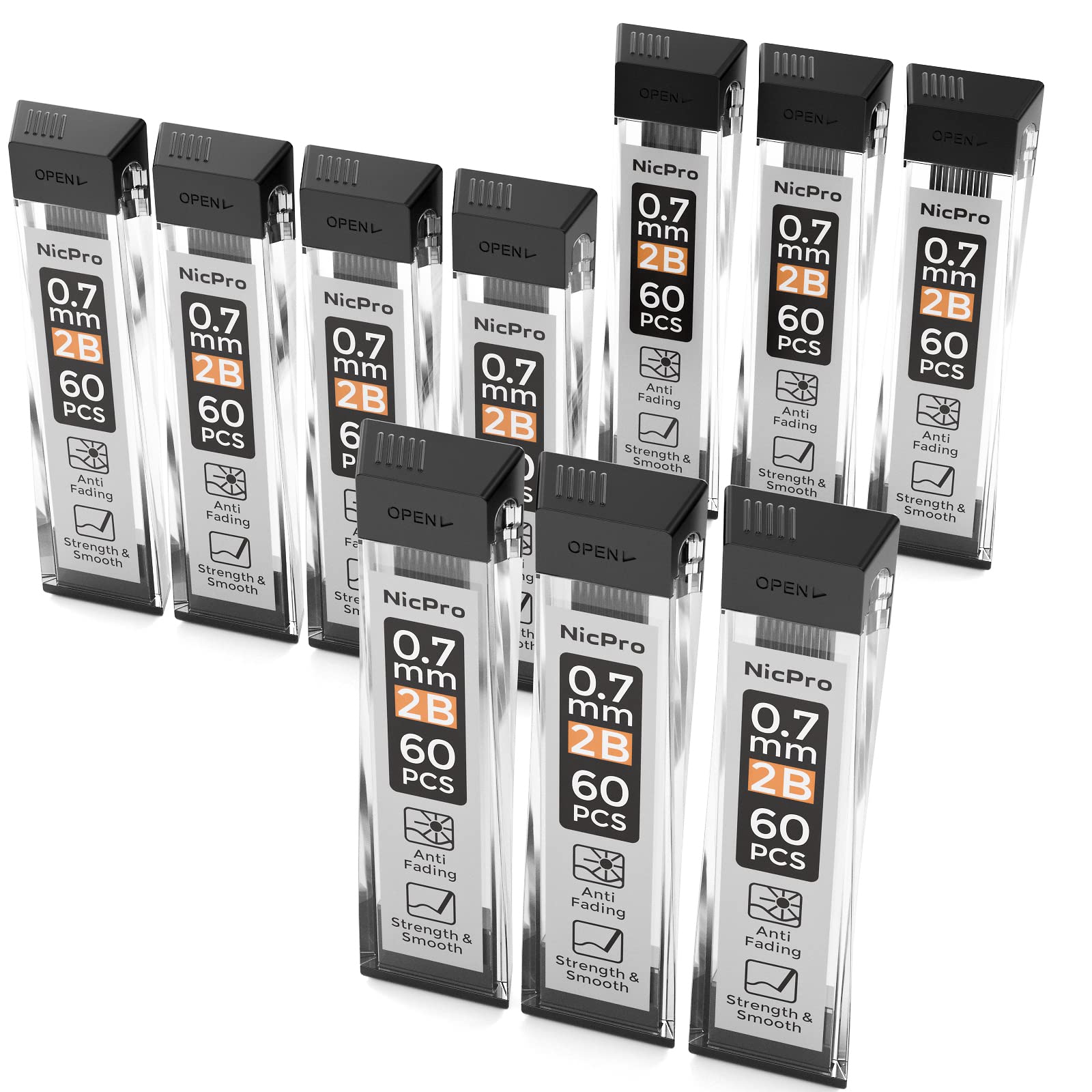 Nicpro 600pcs Mechanical Pencil Refills 0.7 mm, Break Resistant Mechanical Pencil Refills 2B, 60 Pack Per Tube, 10 Tubes