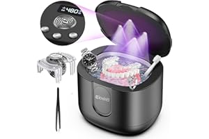 EIOEHTL Ultrasonic Retainer Cleaner, Upgraded with LED Light and Air Drying Functionality, 46kHz High Power Professional Portable Retainer Cleaner Machine for Dentures, Retainer, Aligner, Braces, Mouth Guard