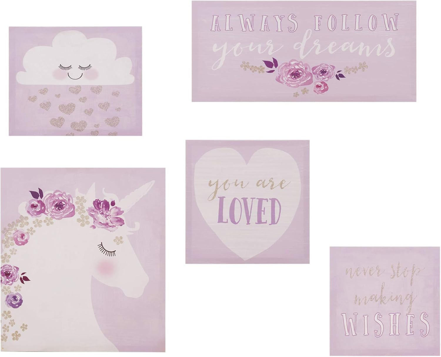 MI ZONE Lavender Dream Inspirational Wall Art Children Room Décor-A Unicorn, Flowers, Cloud, Glitter Canvas Home Accent Nursery Decoration, Ready to Hang Painting for Kids Bedroom, 22" x 10", 5 Piece: Posters & Prints