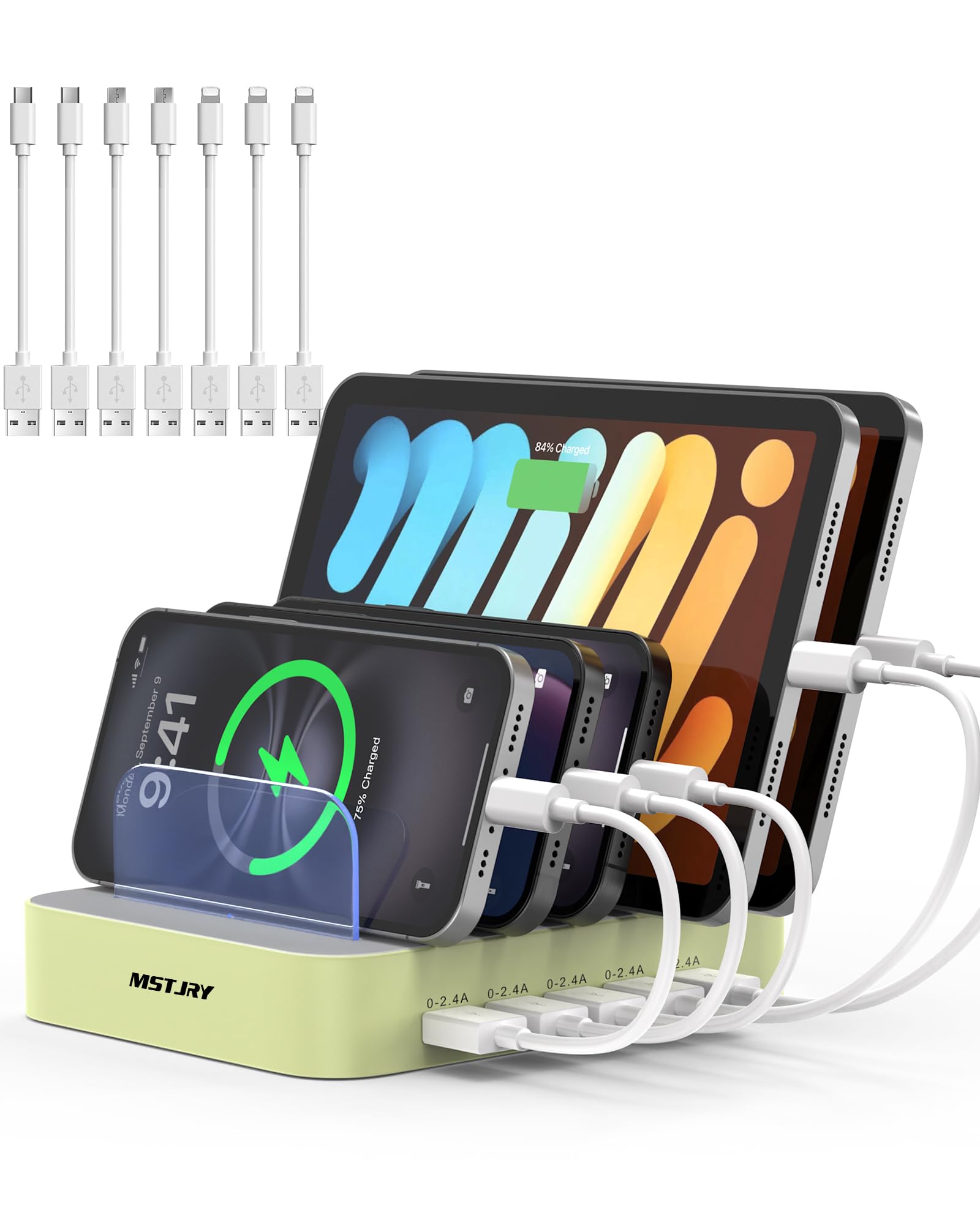 Photo 1 of MSTJRY Charging Station for Multiple Devices : 5 Port Multi USB-A Charger Stations Multi-Device Organizer Charging Dock Designed for iPhone iPad Cell Phone Tablets (7 Short Cables Included), Cyan