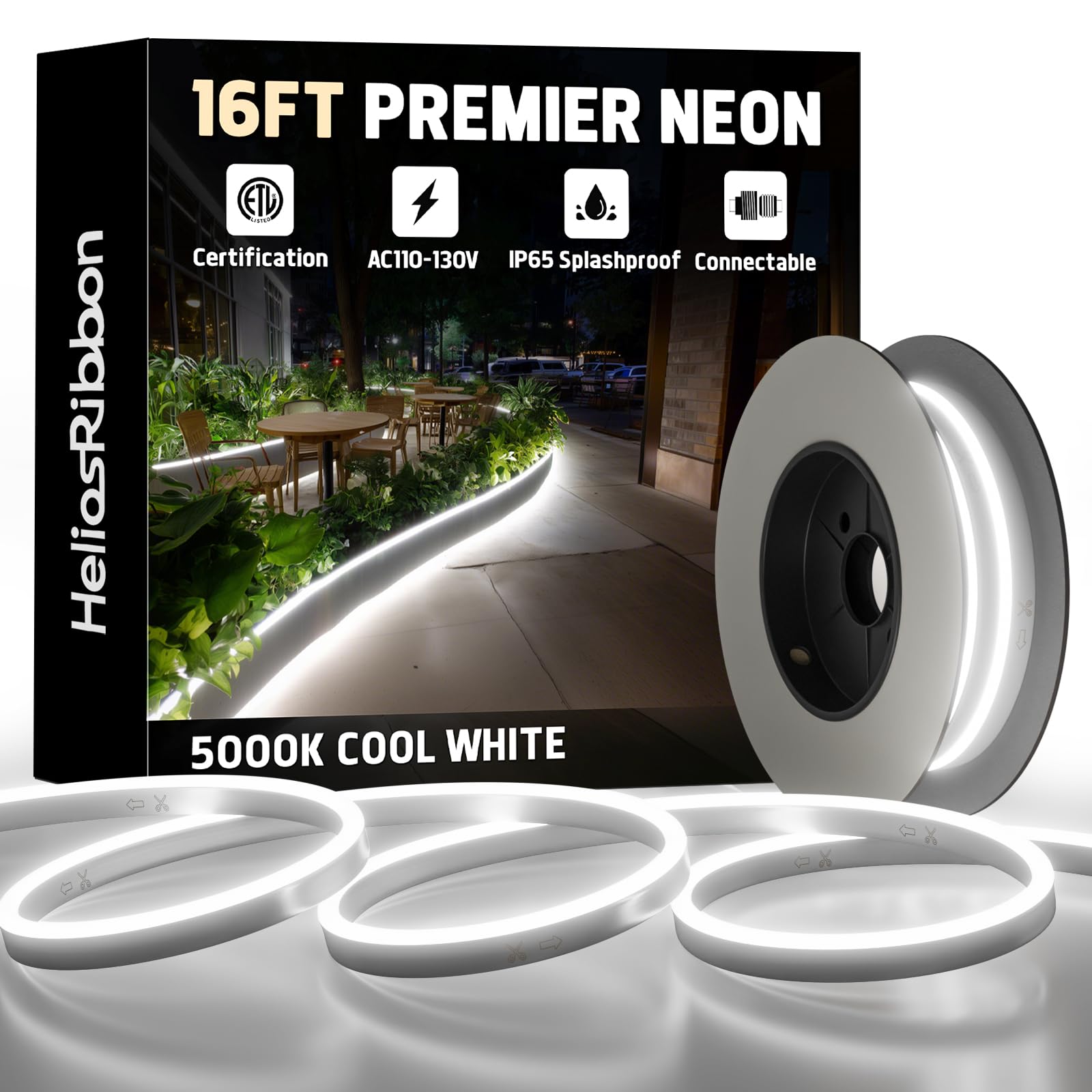 Photo 1 of 16FT LED Neon Rope Lights 5000K Cool White, AC 110-120V Flexible Neon Strip Outdoor Waterproof ETL Listed, Connectable and Cuttable, for Home Commercial Contour Landscape Ambient Lighting Decor