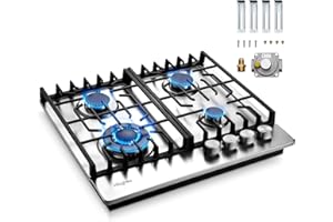 Hibghse 24 Inch Built-in Gas Cooktop with 4 Burner, Stainless Steel Gas Stove Top NG/LPG Convertible Propane Cooktops, Flame Out Protection