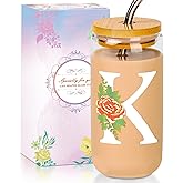 SENTVEND Initial Glass Cup with Lid and Straw Color-changing Monogrammed Gifts for Women 16 oz Iced Coffee Drinking Glass Tumbler Personalized Christmas Thanksgiving Birthday Gifts for Women Her Mom