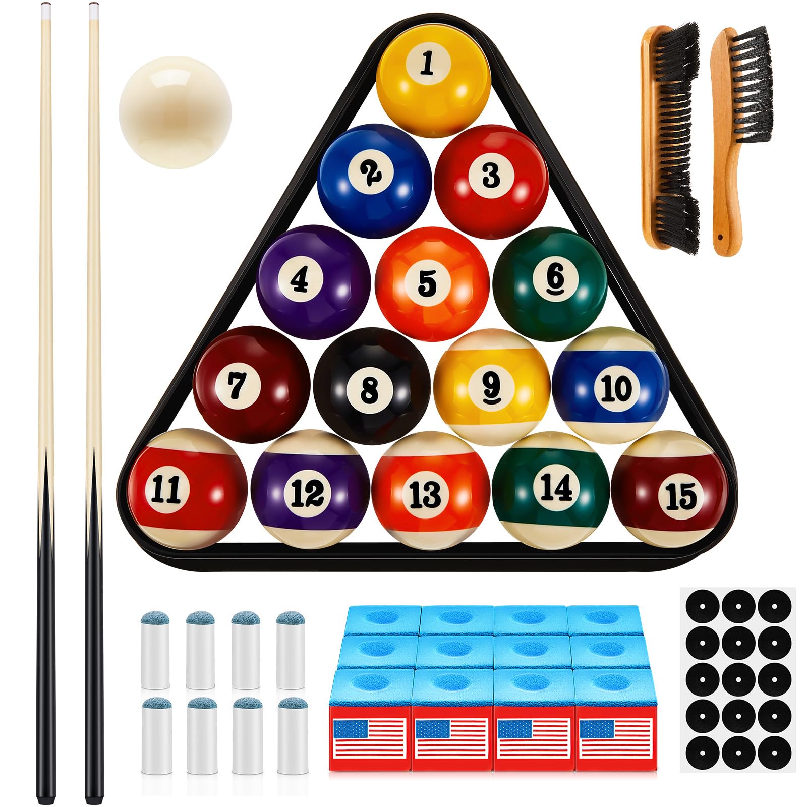 Photo 1 of Outus 42 Pcs Pool Table Billiards Accessories Kit Pool Billiard Ball Set for Kids Include 2 Pcs 36" Billiard Cue Sticks 16 Balls with Triangle and Diamond Ball Holder Cue Chalks Pool Cue Tip and Brush