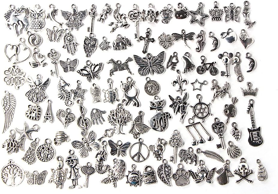 YUANXIA 100Pcs Wholesale Bulk Lots Tibetan Silver Color Mix Pendants Charms Bracelet Jewelry Mix (100pcs)