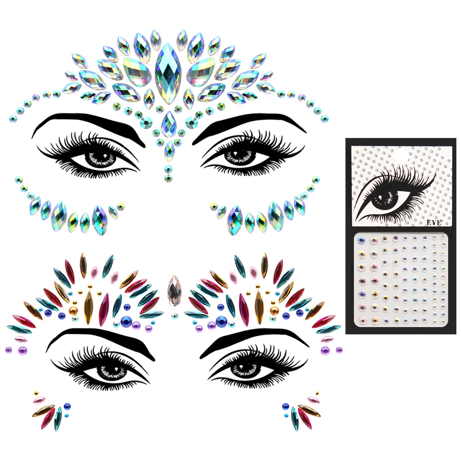 Cinvo Face Gems Glitter 3 Sets Temporary Tattoos Eyes Body Jewels Stickers Bling Rhinestone for Rave Festival Party Costume Event Carnival- Style B
