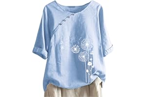 Rkwins Linen Tops for Women Floral Print Short Sleeve Blouse Cute Summer Shirts Loose Fit Casual Tops Lightweight Tee Shirt