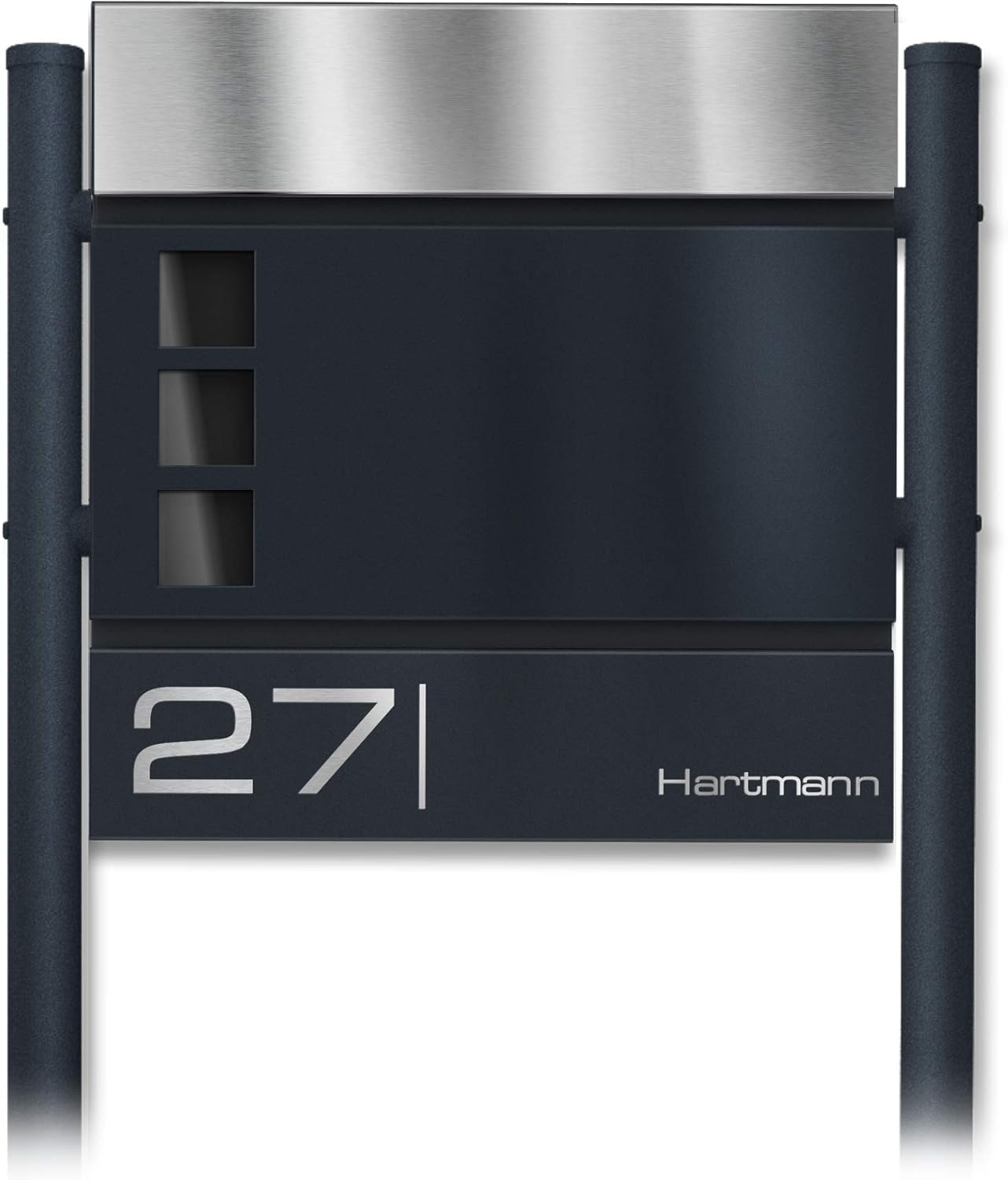 Metzler Standbriefkasten in Anthrazit RAL 7016 Cube - Name & Hausnummer als Lasergravur - Design Briefkasten mit Zeitungsfach, Fenster & Briefkastenständer - Größe: 37 x 37 x 10,5 cm - Höhe 120 cm