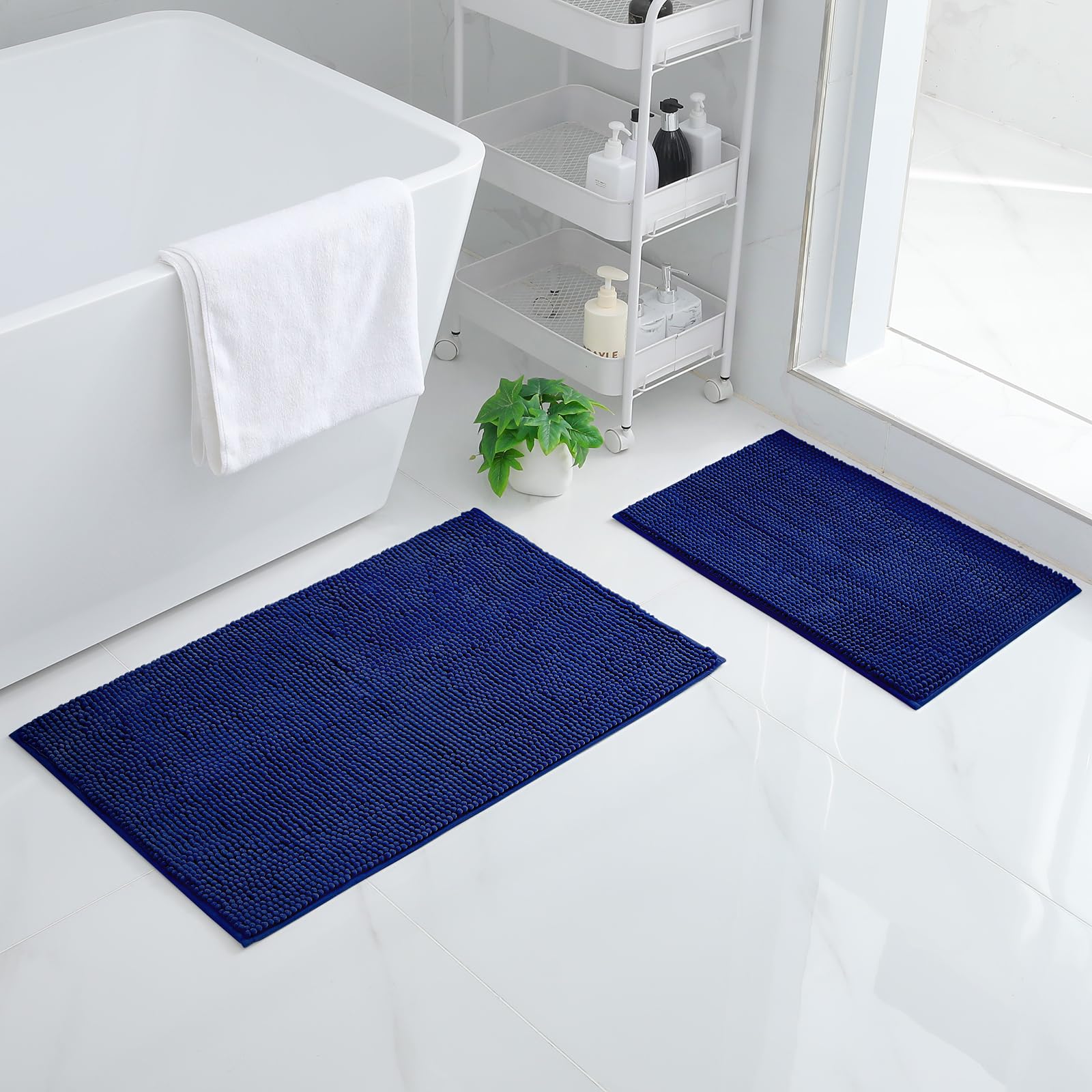 smiry Non Slip Chenille Bath Mat Set, Pack of 2, Extra Absorbent Soft Bathroom Mat Sets 2 Piece, Machine-Washable Quick Dry Bath Rug, 40 x 60 cm + 50 x 80 cm, Navy Blue