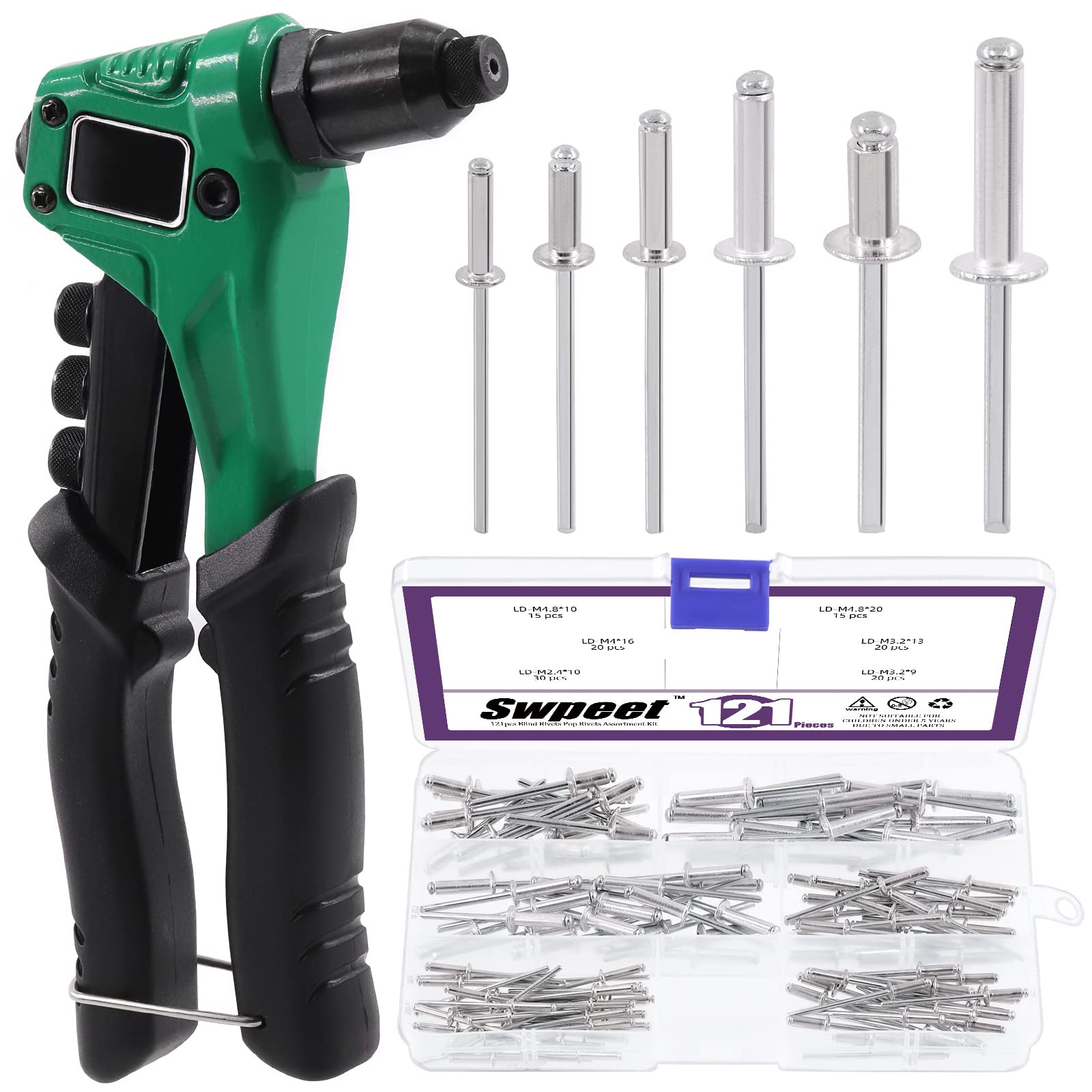 Swpeet 120 Pcs Rivets with 1Pcs Rivet Gun for Plastic, Metal, Leather