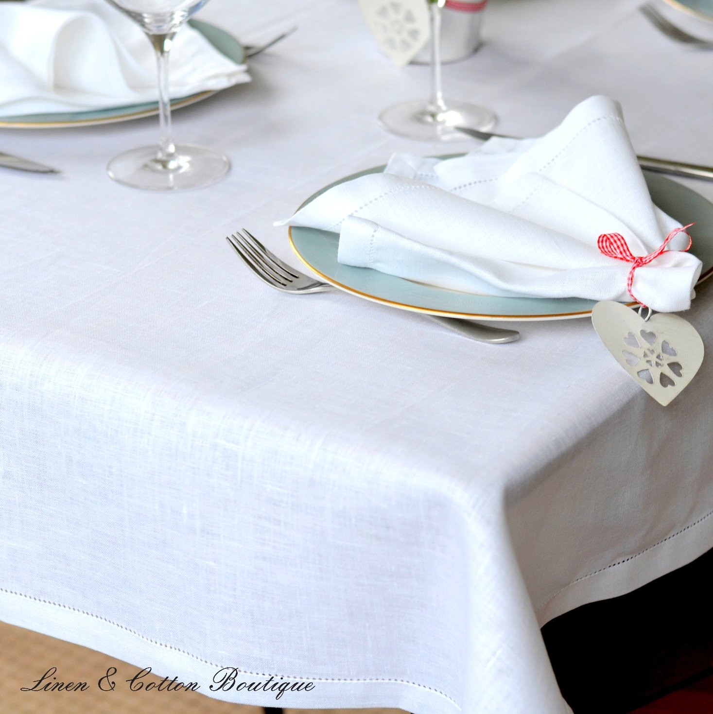 Linen & Cotton White Hemstiched Tablecloth FLORENCE, 100% Linen -143 x 143cm (57.2'' x 57.2'') โ image 1