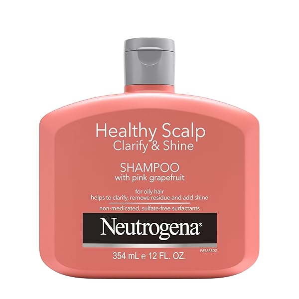 NEUTROGENA EXFOLIATING HEALTHY SCALP CLARIFY & SHINE SHAMPOO FOR OILY HAIR AND SCALP, ANTI-RESIDUE SHAMPOO WITH PINK GRAPEFRUIT, PH-BALANCED, PARABEN & PHTHALATE-FREE, COLOR-SAFE, 12OZ