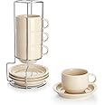 Sweese 8 Ounce Porcelain Stackable Cappuccino Cups with Saucers and Metal Stand - for Specialty Coffee Drinks, Cappuccino, Latte, Americano and Tea - Set of 4, Beige