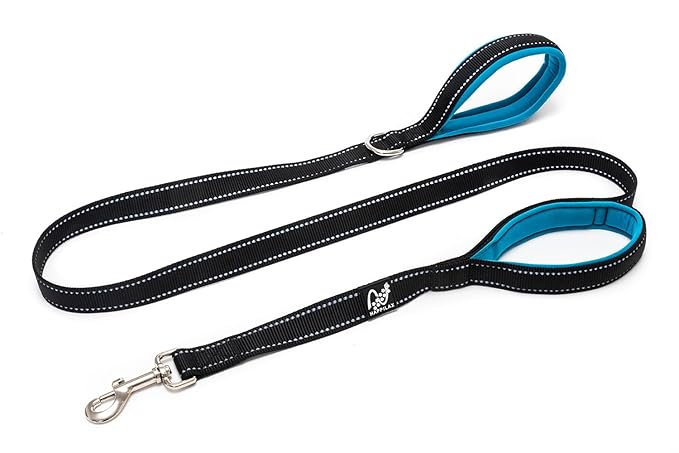 Happilax Führleine mit Kurzführer, reflektierende Hundeleine mit 2 gepolsterten Neopren Hand-Schlaufen Nylon, schwarz, 1,50 m