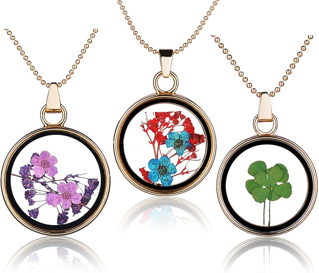Yumilok 3pcs Real Dry Forget me not/Four Leaf Clover Specimen Transparent Glass Alloy Round Bottle Pendant Necklace for Women/Girls
