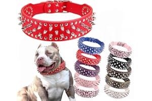 Hoot PU Leather Adjustable Spiked Studded Dog Collar 2" Wide 43 Spikes (L(Neck 21"-24"), Rose Red) (L(Meck:21"-24"),Red)