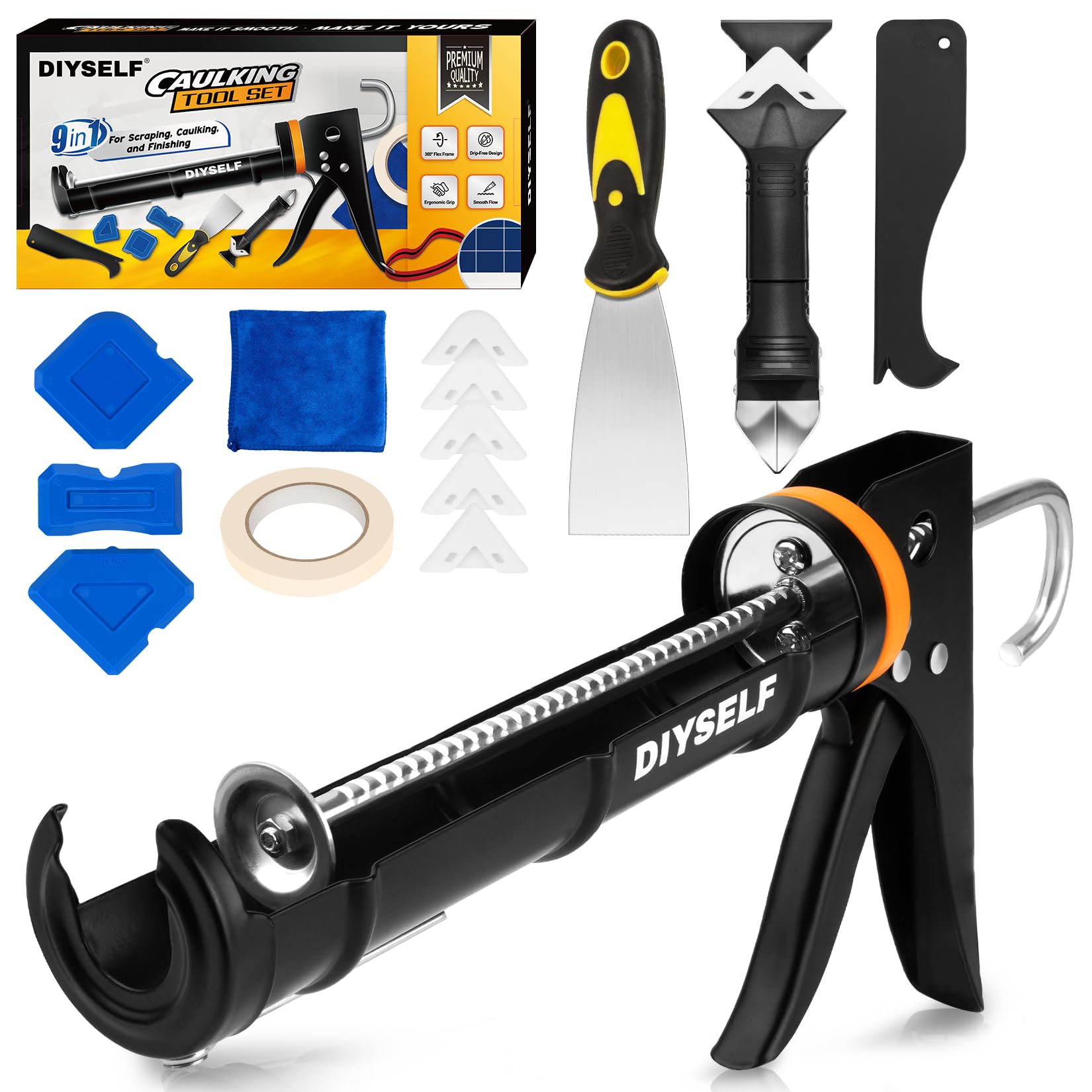 Photo 1 of DIYSELF Caulk Gun Kit Professional Caulking Tool Kit Caulk Remover Silicone Caulking Sealant Finishing Tool Hand Caulking Gun for Bathroom Kitchen Grout Scraper