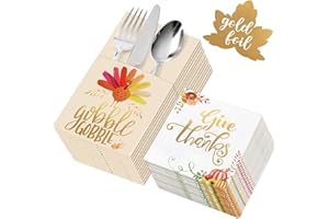 ORIENTAL CHERRY Thanksgiving Napkins - 54 Pack Gold Foil Napkins Paper (36 Pcs) with Cutlery Holders (18 Pcs) - Give Thanks Table Decorations for Autumn Fall Harvest Wedding Dinner Party Disposable Centerpiece Decor