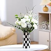 Ninehaoou Black and White Checkered Vase Small 8 Inch Height Modern Checkered Decor Ceramic Black and White Flower Shaped Decorative Vase for Office, Bedroom, Home Decor