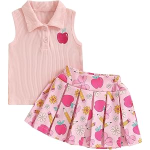 DSOKUHIB Toddler Girl Back to School Outfit Apple Ribbed Tank Top Skirt Set | Girls First Day of School Clothes, Sleeveless C