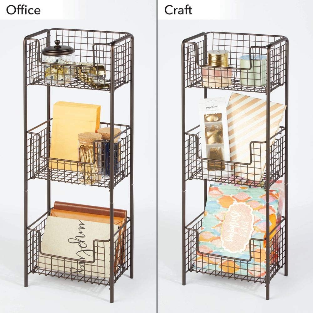 mDesign 3 Tier Vertical Standing Bathroom Shelving Unit, Decorative Metal Storage Organizer Tower Rack with 3 Basket Bins to Hold and Organize Bath Towels, Hand Soap, Toiletries - Bronze: Kitchen & Dining