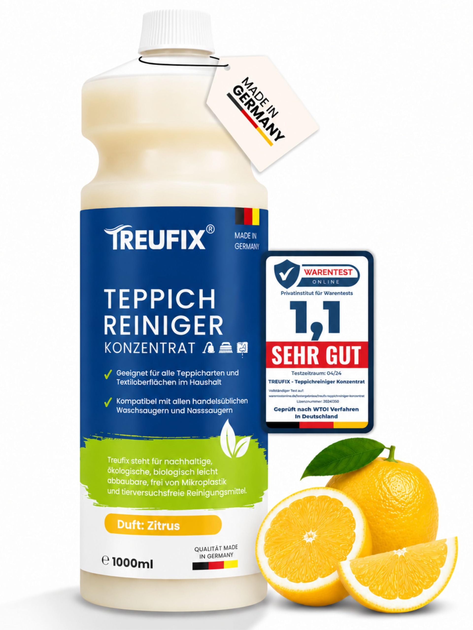 Treufix Teppichreiniger & Polsterreiniger Konzentrat für alle Teppichböden und Polster | Effektives Teppich Reinigungsmittel 1L | Geeignet für alle Waschsauger und Nasssauger | Made in DE